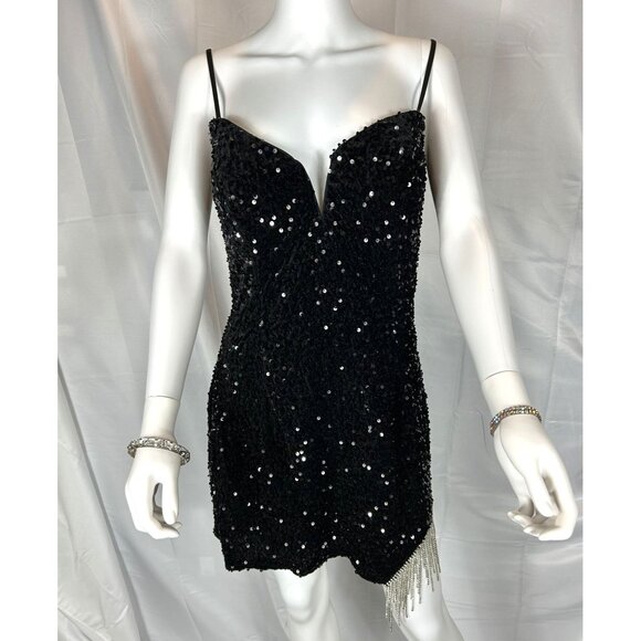Black Sequined Mini Dress by Alyce Paris, Rhinestone Chains on Hem, Size 14, NWT - Picture 1 of 10